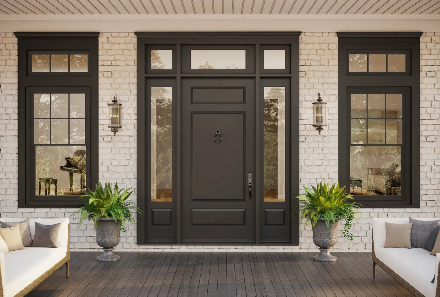 Fiberglass entry door installation with sidelights and new casing.